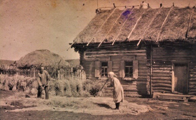 Фотомарафон «100-летие ТАССР»: крестьянская семья собирает сено после просушки у дома, 1934 год