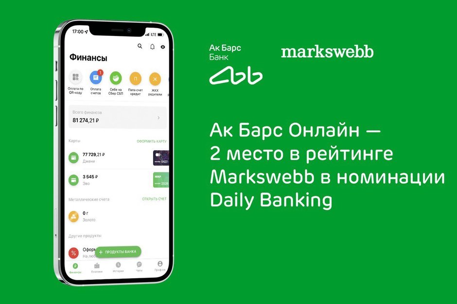 В декабре мобильное приложение Ак Барс Онлайн заняло второе место рейтинга Markswebb в номинации Daily Banking.