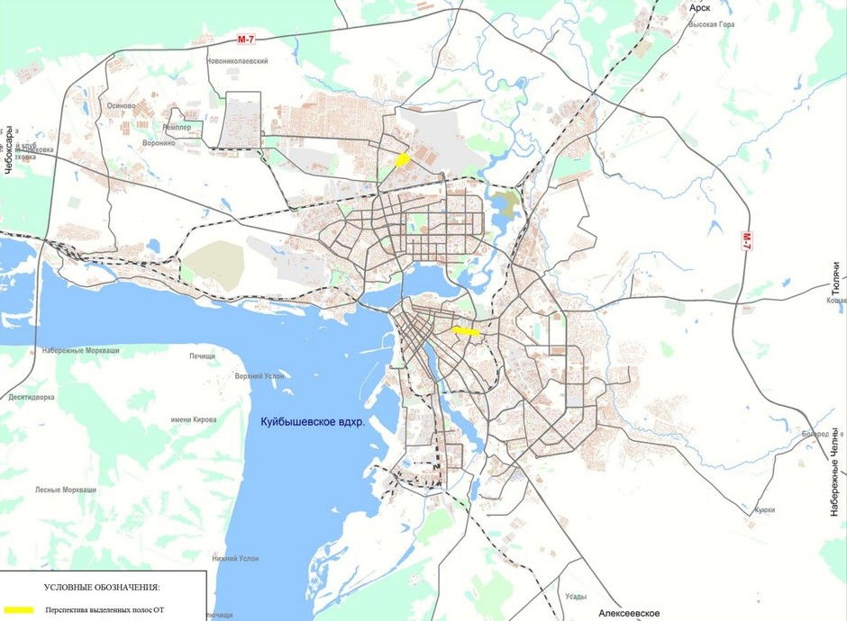 Участки магистралей приоритетного движения общественного транспорта с выделением полос для движения